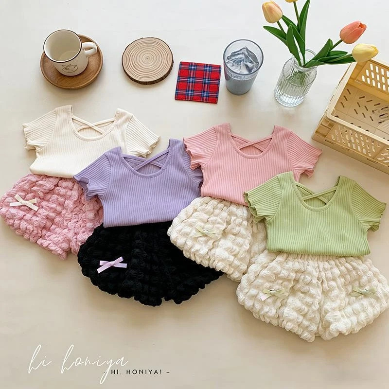 New girls' outfit: Korean-style short-sleeve bow top and bloomers two-piece set for baby girls in summer