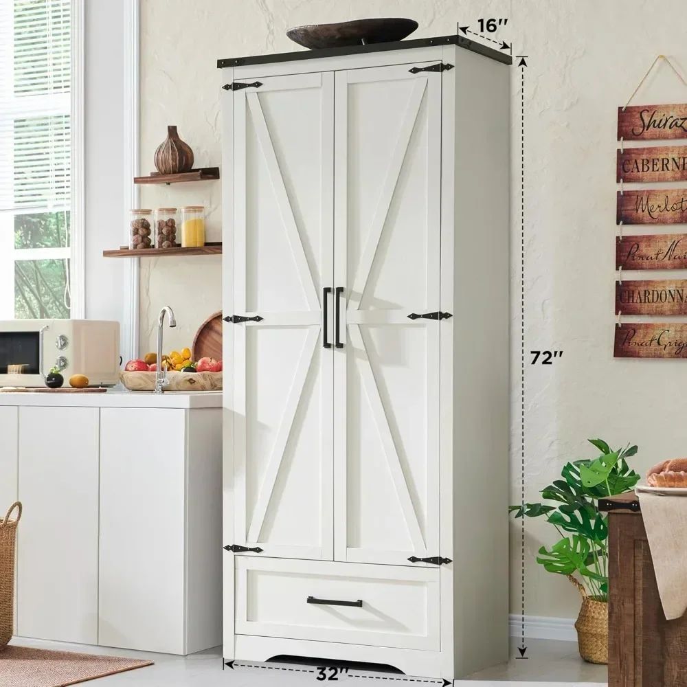 

72" Tall Farmhouse Kitchen Pantry with Adjustable Shelves,Wood Rustic Storage Cabinet with Drawer & Barn Doors,Versatile Storage