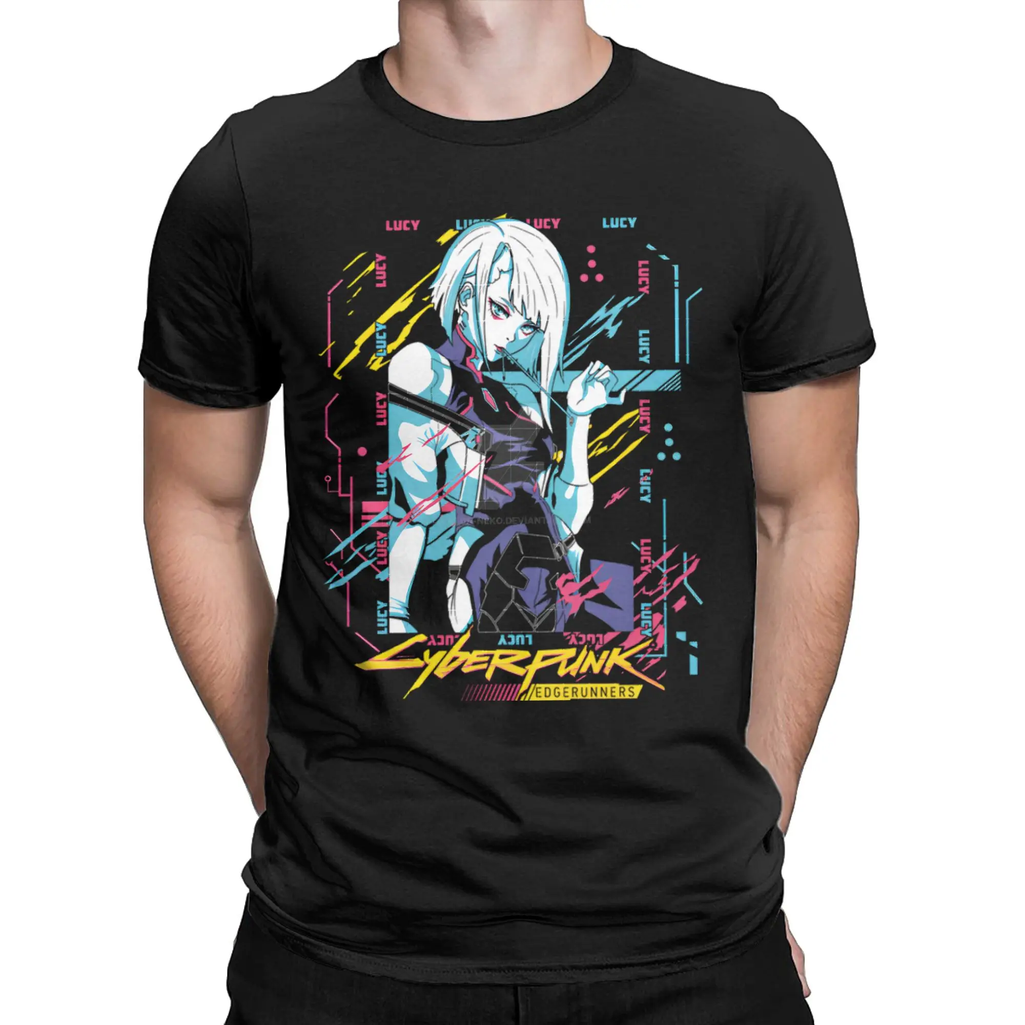 Cybers Anime Cartoon Edgerunners Men T Shirt Lucyna Kushinada Tee Short Sleeve O Neck T-Shirts 100% Cotton 4XL 5XL 6XL Clothing