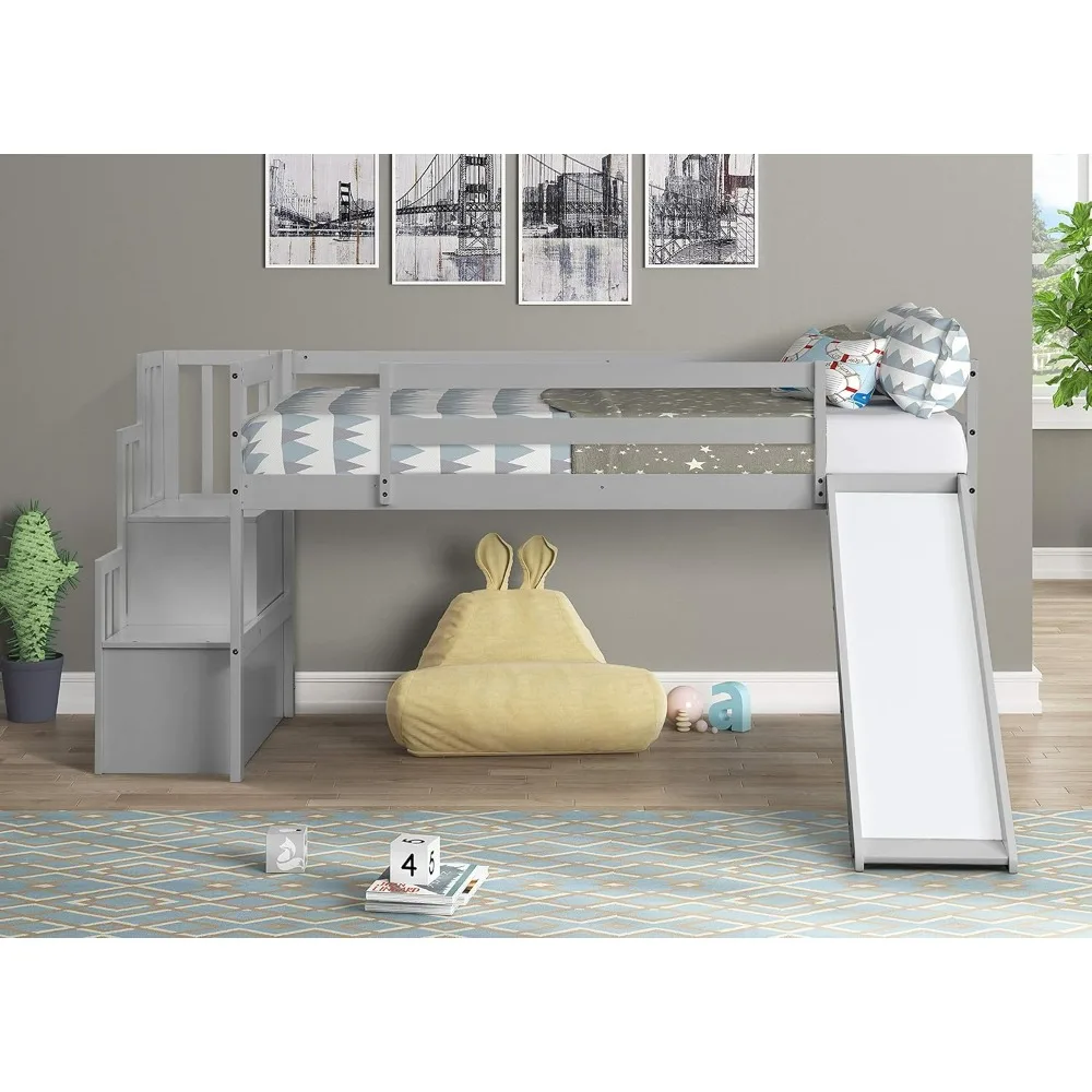 Twin Loft Bed with Slide and Stairs, Solid Wood Kids Loft Bed with Full-Length Safety Guardrails, for Girls Boys – Gray