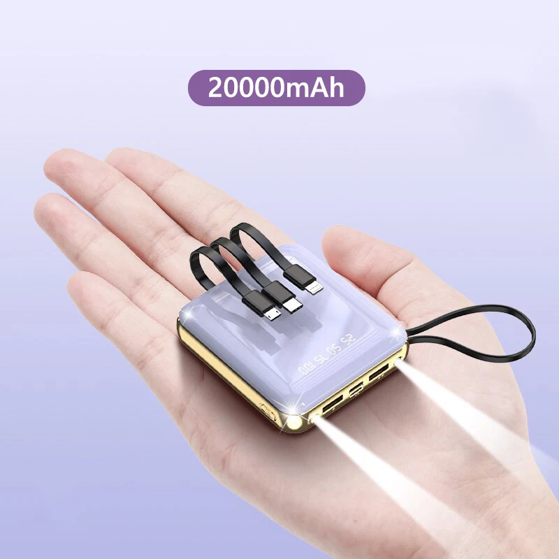 

Мини-банк питания емкостью 20000 мАч, быстрая зарядка, встроенный кабель, портативный внешний аккумулятор для iPhone, Xiaomi, Samsung, Huawei
