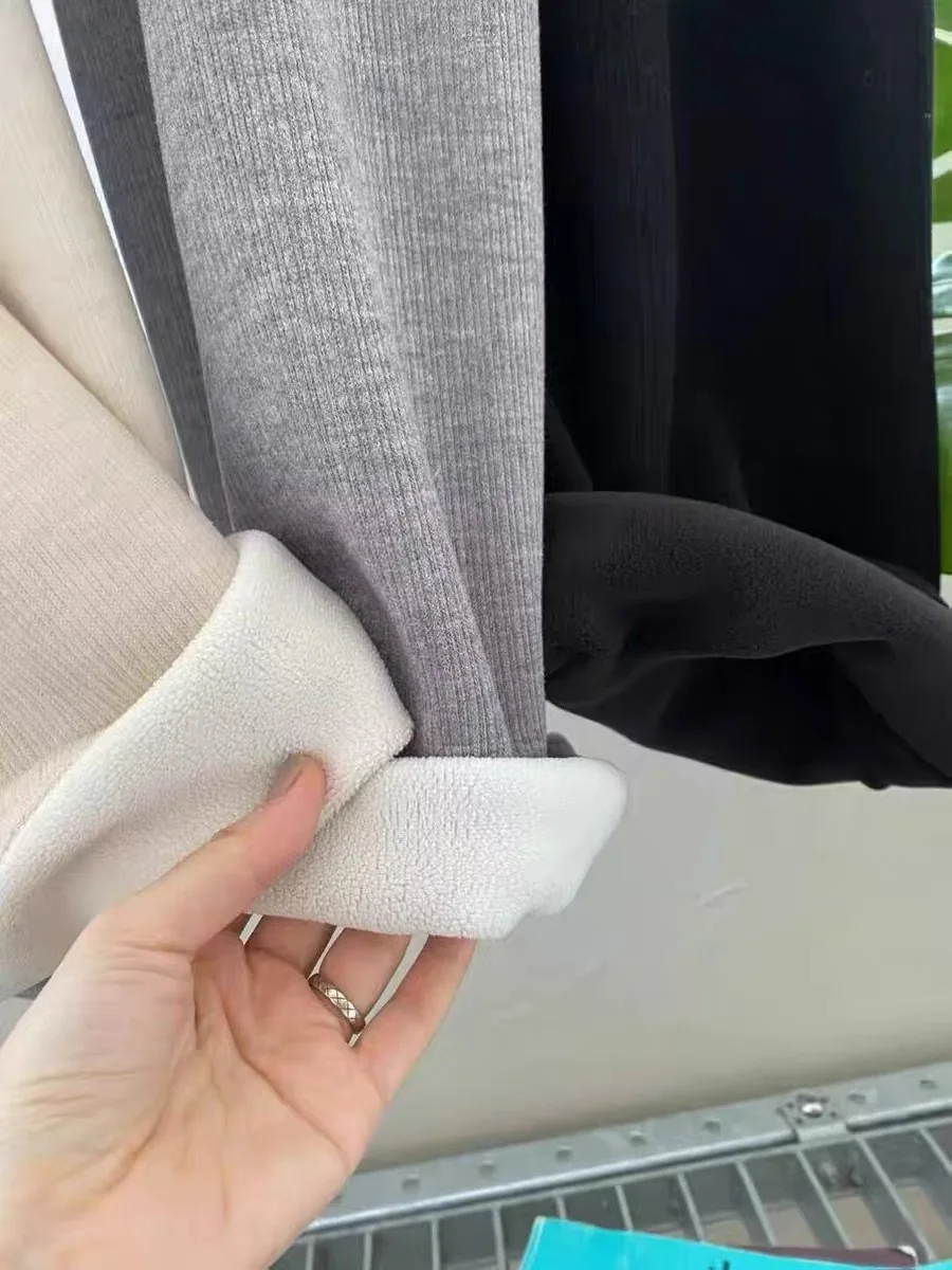 Calças Casuais de Inverno 2023  Slim Fit com Cintura Elástica Forradas em Fce com Punhos em Cor Sólida de Poliéster