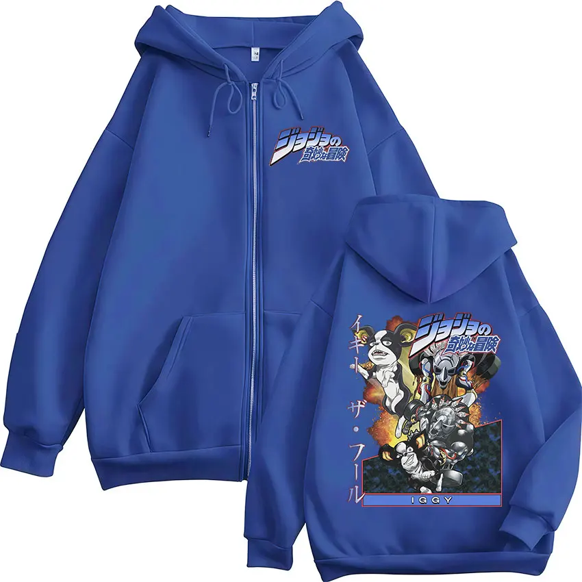 Sudadera con capucha con cremallera para hombre y mujer, ropa de Anime japonés JoJo's Bizarre Adventure Iggy, chaqueta con cremallera de gran tamaño con dibujos animados