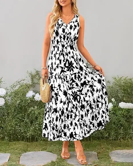 Women Floral Pattern Long Dress Sexy Sleeveless V-neck Print Dress New Summer Casual Vacation Boho Beach Maxi Dress Lady Vestido