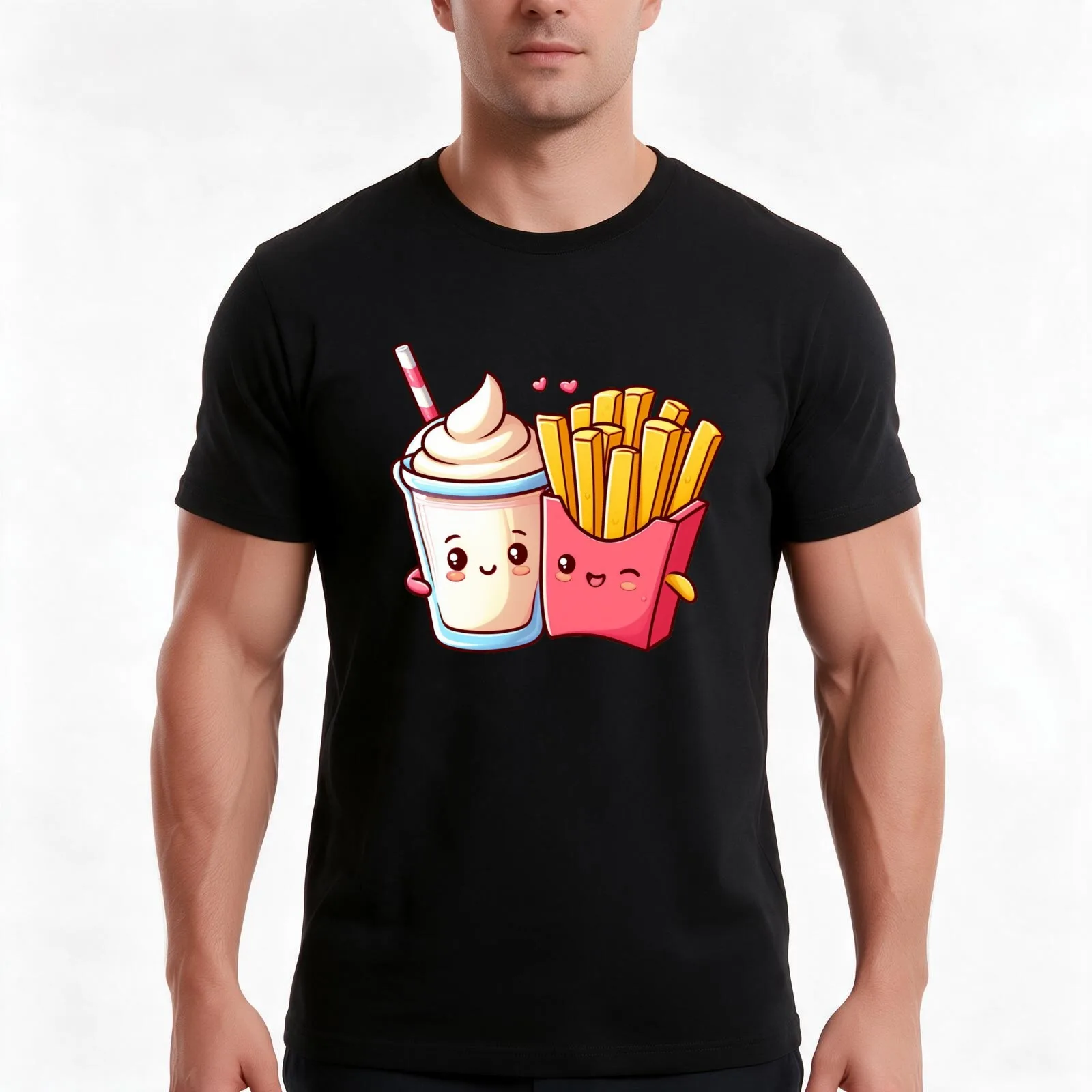 Milkshake and Fries T-Shirt, Summer Casual Cotton Tee, Oversized Streetwear Tops, Vintage Graphic Print, Loose Fit Short Sleeve