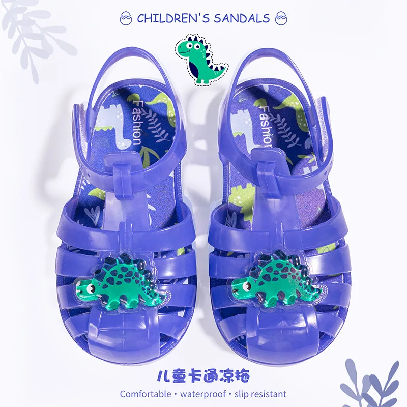 Summer Children Dinosaur Crystal Jelly Sandals Boys Girls Hollow Breathable Casual Sandals Kids Multi-Color Roman Beach Shoes