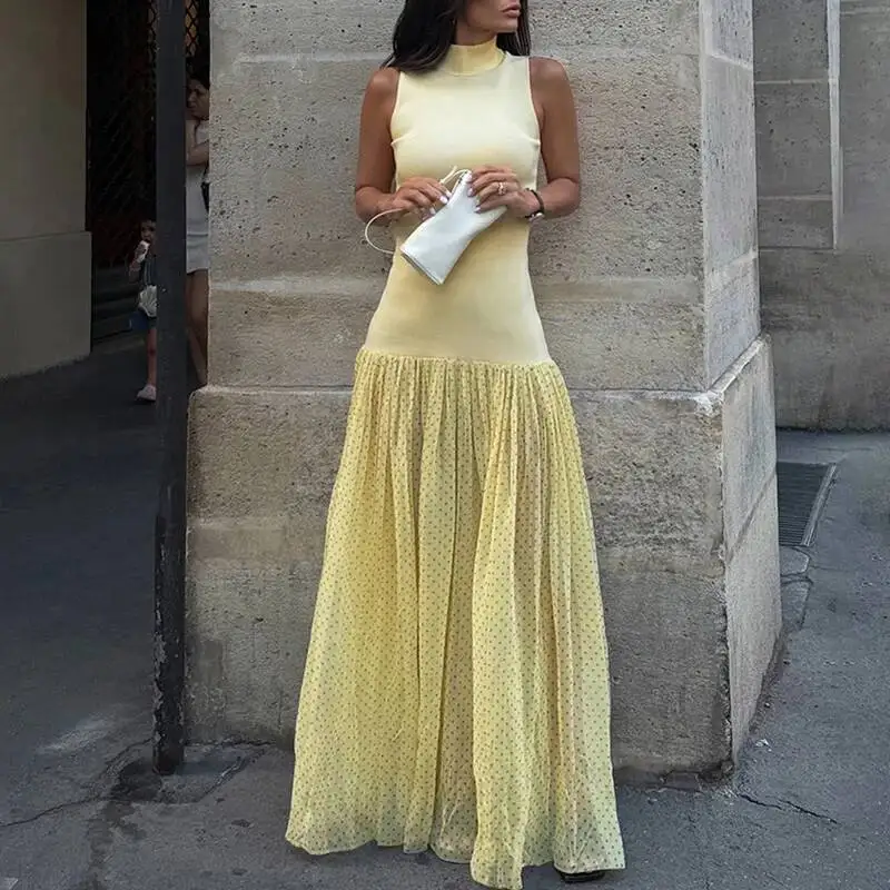 Frühling Casual Rollkragen Patchwork Mesh Frauen Sexy Polka Dot Print Lose Lange Sommer Ärmellose Tank Maxi Kleid