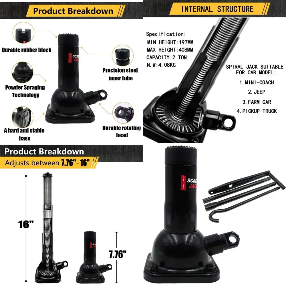 

Спиральный автомобильный домкрат грузоподъемностью 2 тонны, совместимый с Ford F150, Chevy Silverado и Dodge Ram 1500 (черный)