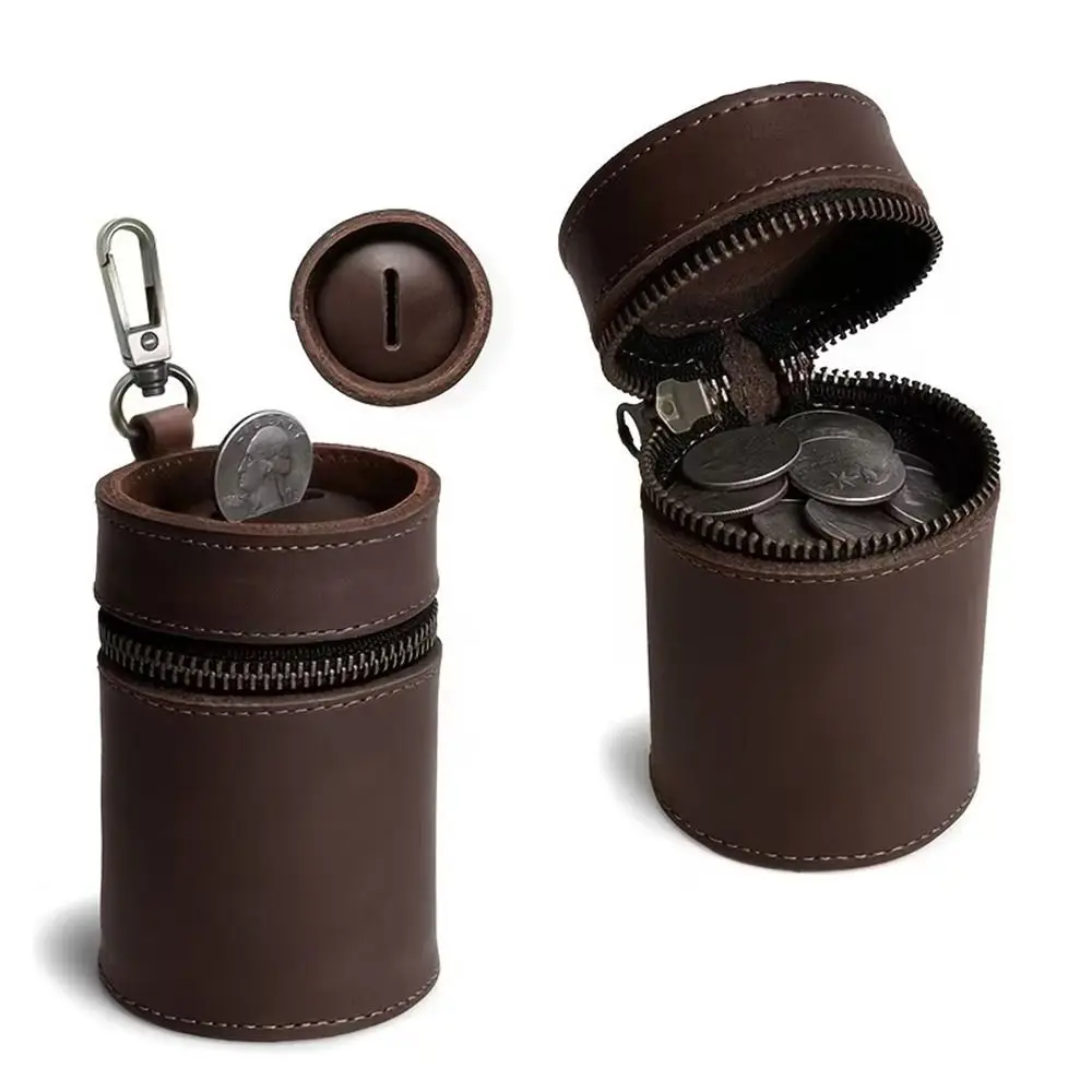 PU Leather Coin Bank Vintage Style Zipper Closure Coin Purse Round Cylinder Shape Coin Slot Keychain Coin Holder Daily Carry