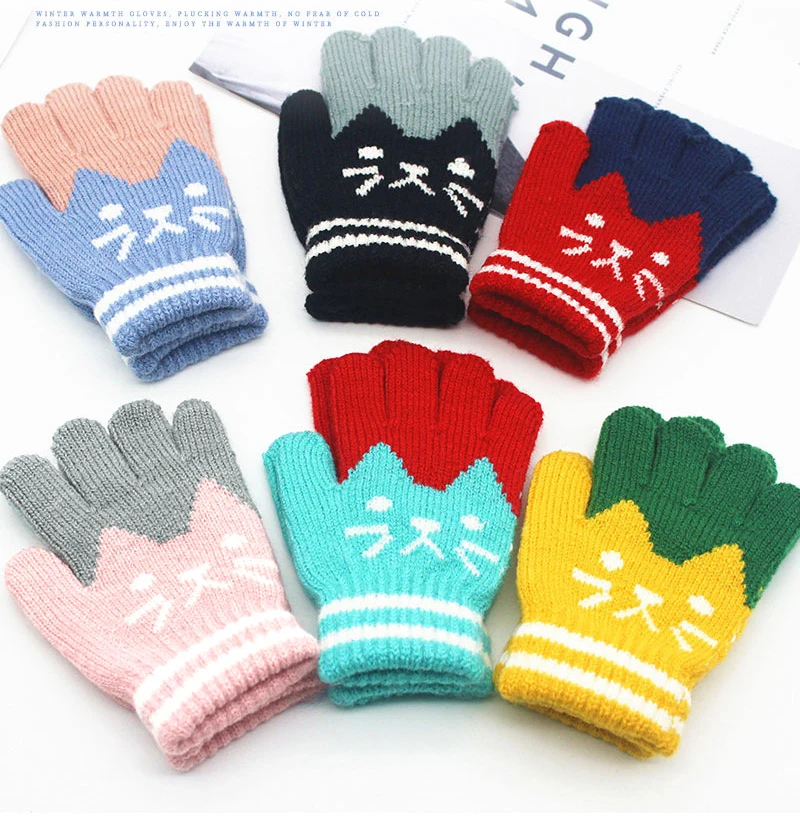 Winter Children's Gloves Knitted Boys Girls Students Cute Cat with Fleece Thickened Warm Imitation Cashmere Kid Gloves 3-8 Years