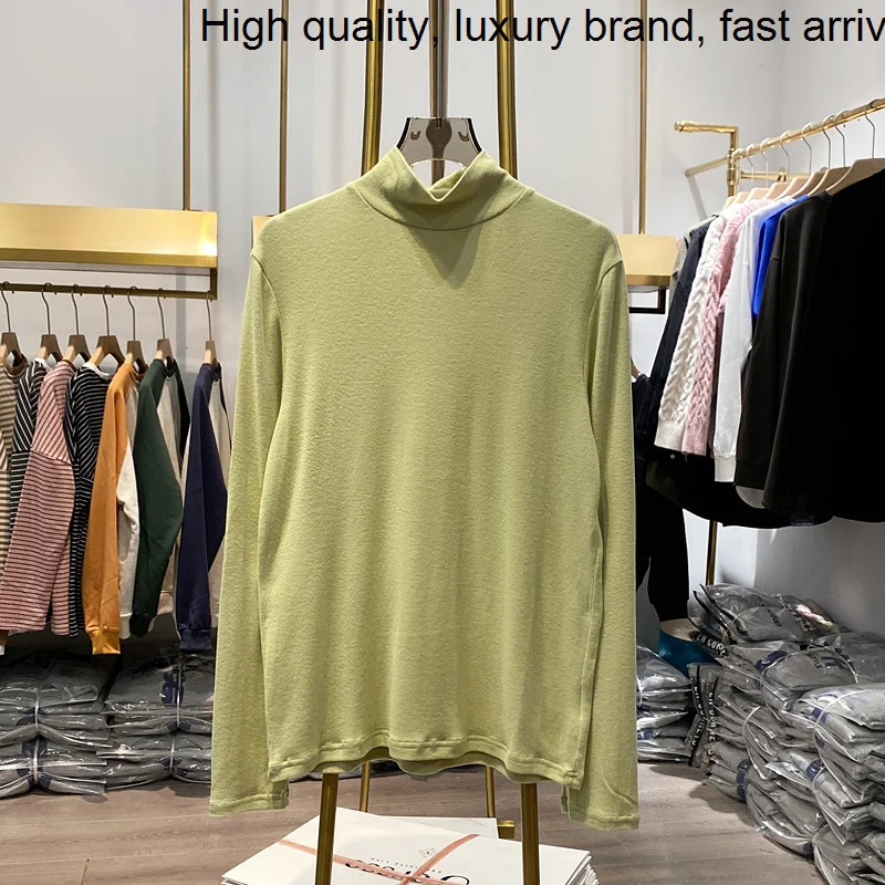 

Color 【Live Shot】solid Half High Collar Long Sleeve T-shirt for Women Loose Spring Autumn Bottoming Top Stretch Casual Tees