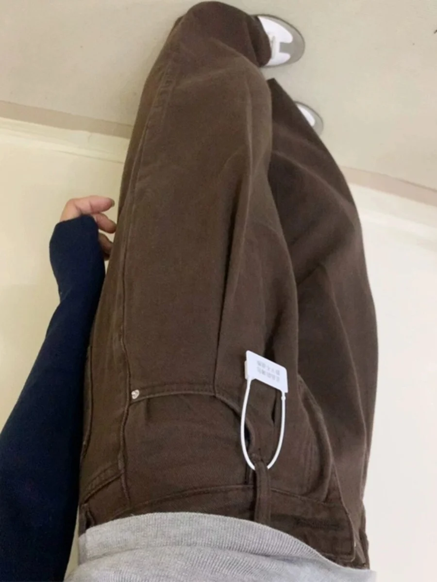 

Коричневые джинсы с высокой талией, женские прямые широкие брюки, модные утягивающие брюки больших размеров в американском стиле ретро