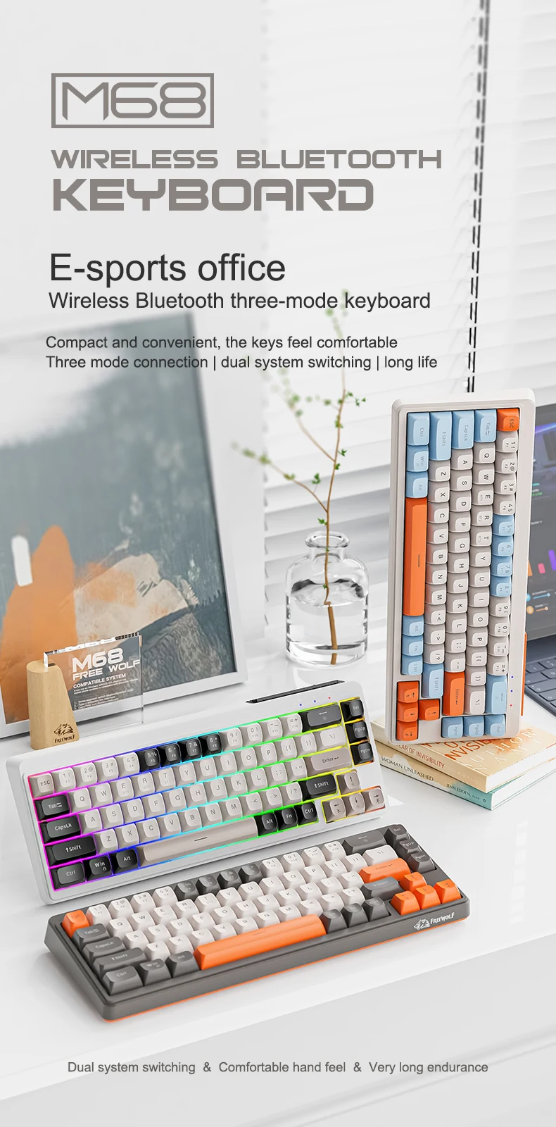 

68 keys FREEWOLF M68 Keyboard with Wireless Bluetooth Tri-mode Connection for Gaming and E-sports PBT Caps