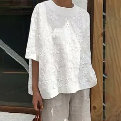 Autumn Cotton Linen Lace Patchwork Women Shirts Autumn New Elegant White Half Sleeve Loose Casual Streetwear Basic Tops Blouses