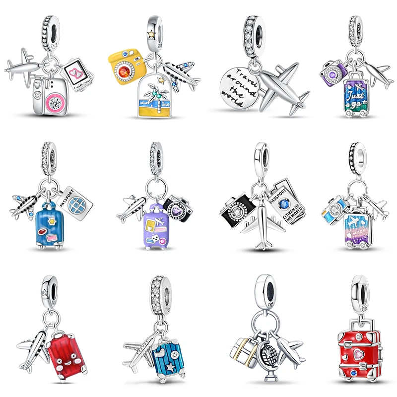 925 Sterling Silver Travel Airplane Charms Beads Fit Original Bracelets Bag Keychain Earring Pendant Diy Women Jewelry Gift