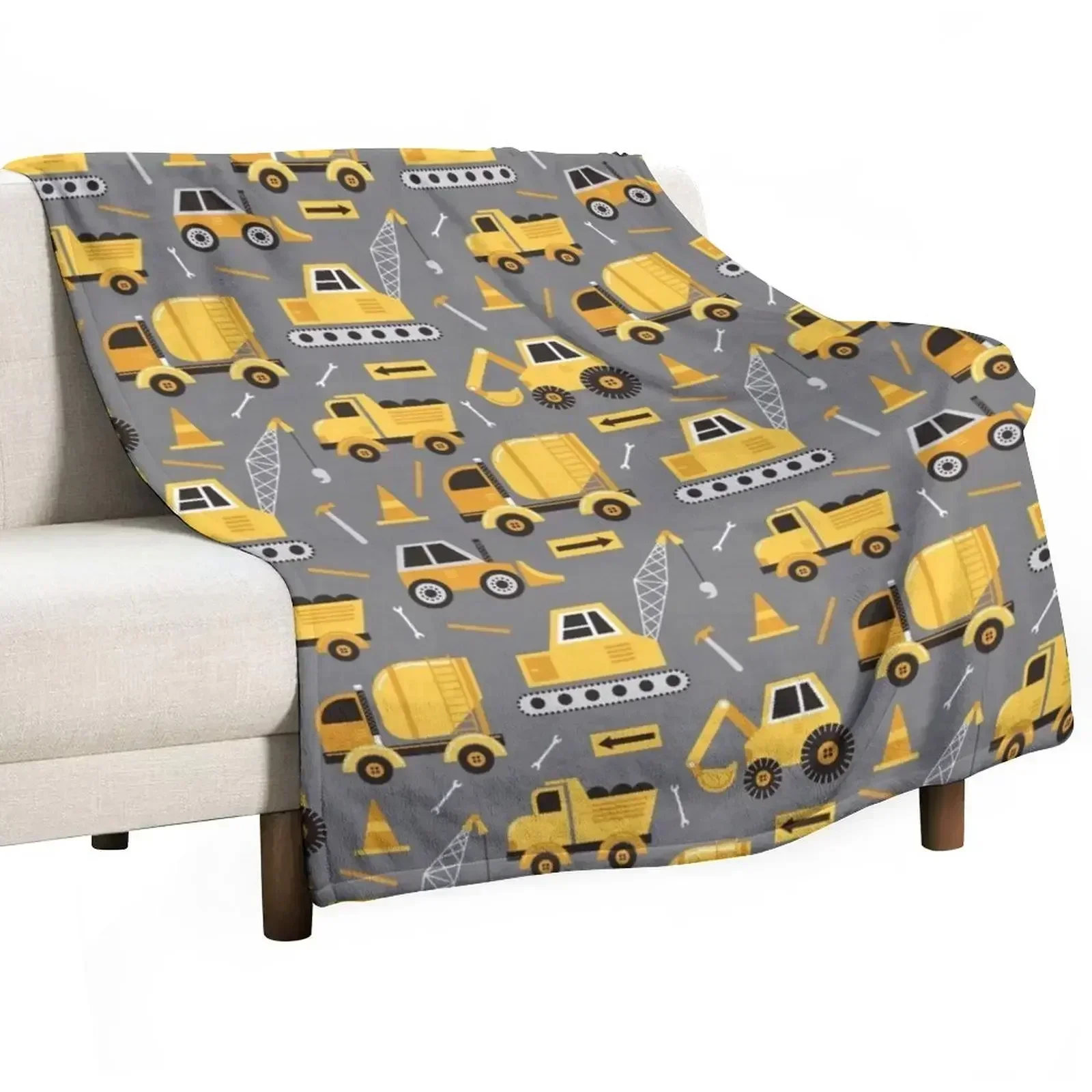 Construction Trucks on Gray Throw Blanket Retros decorative Baby Soft Big Blankets