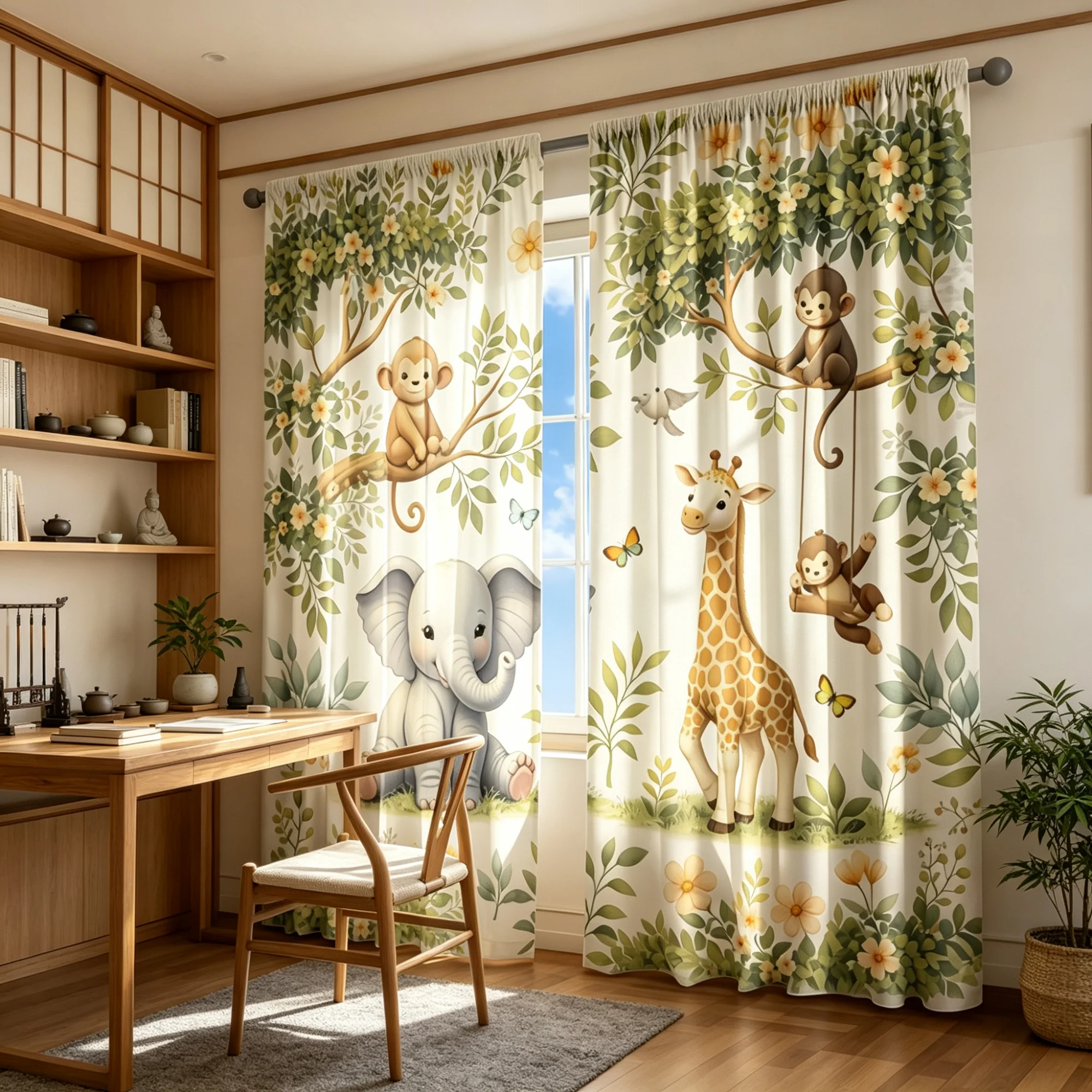 2D Flat 2Pcs Curtains, Cartoon animal themed curtains include cute little monkeys, elephants, and giraffes, vivid forest scenes,