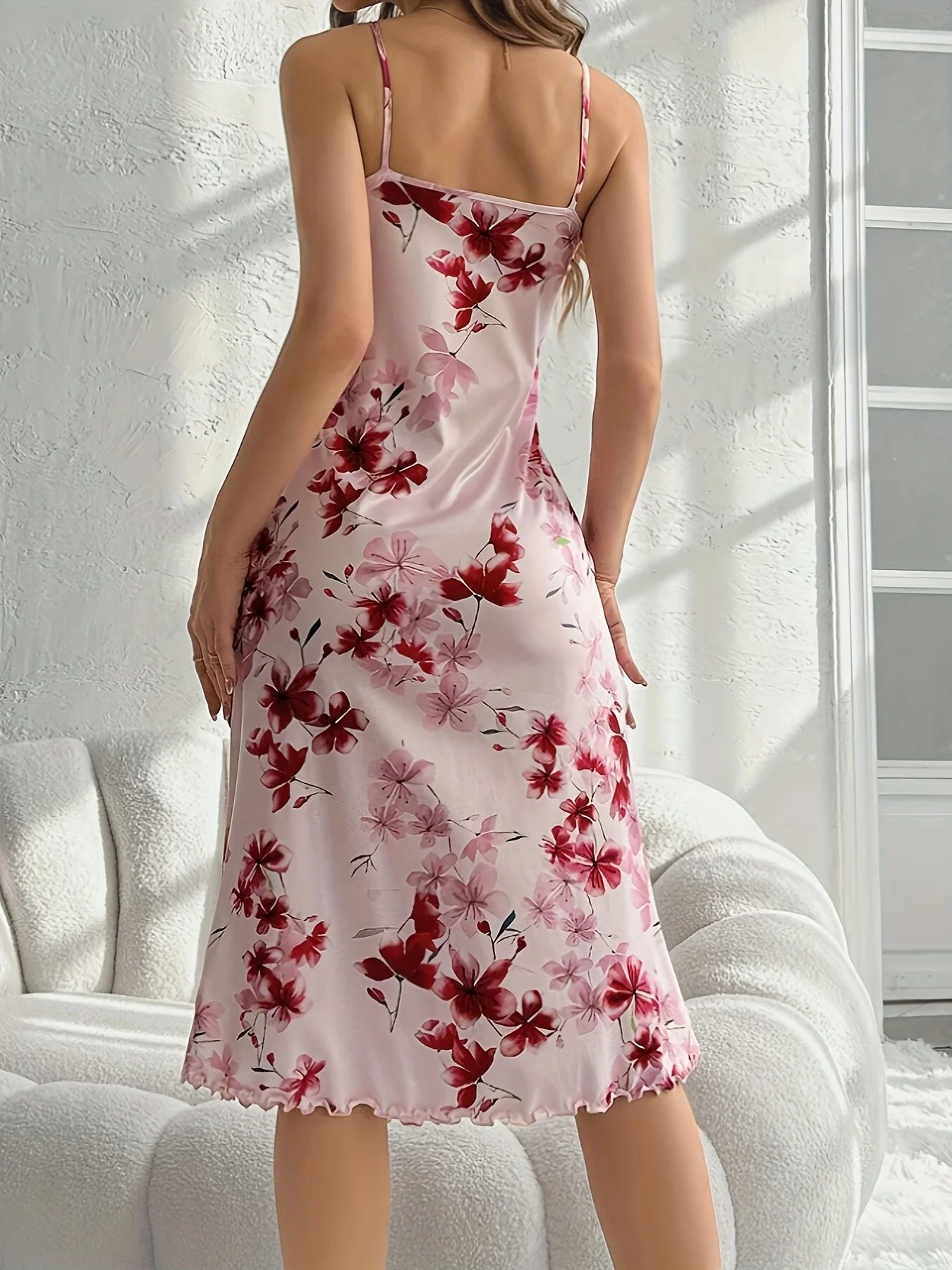 Summer ladies new hot selling flowers printed pure desire wind pink fungus edge in a long milk silk sling nightdress can be worn