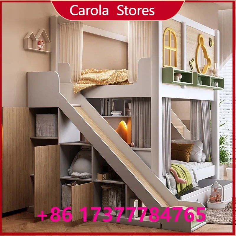 

Parent-Child High Low Bunk Bed Tree House Style With High Guardrail Roof & Slide For Two Kids Bedroom