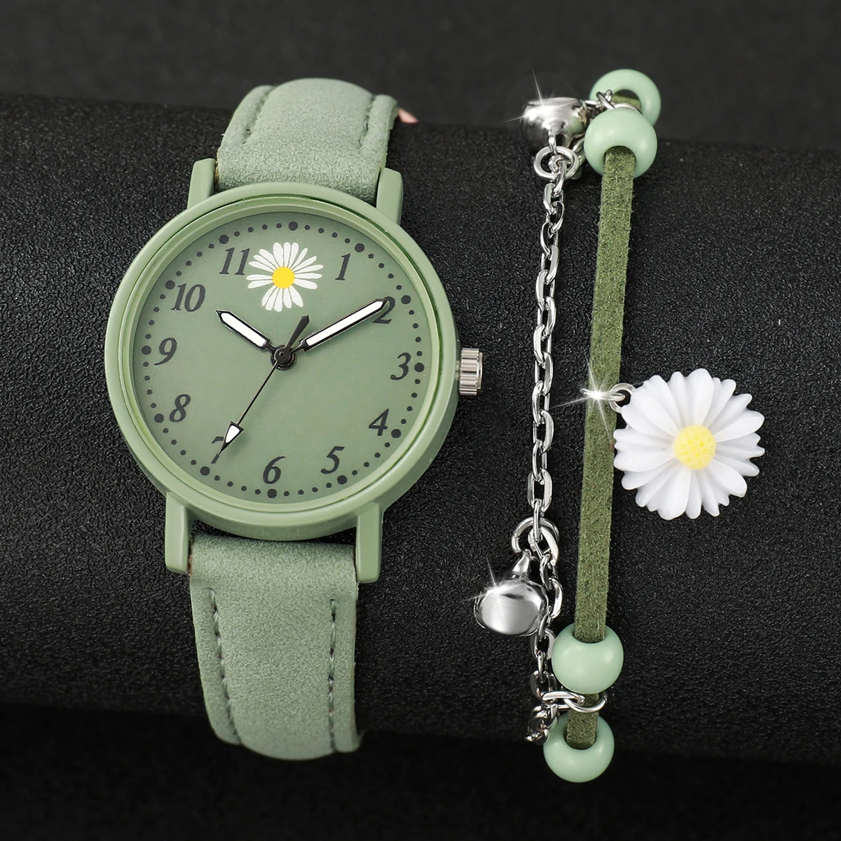 2PCS/Set Fashion Flower Women's Watch Casual Arabic Dial Leather Band Quartz Watches Bracelet Set