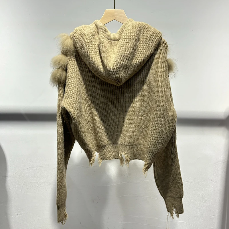 2025 جديد وصول المرأة الشتاء كسر تصميم قصير هوديي الثعلب الفراء سترة سميكة فضفاضة الفتاة مقنعين سترة معطف