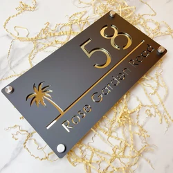 Modern Decor Personalized Custom Acrylic Palms Tree Seaside House Number Sign Plate Outside Address Name Door Wall Room Plaque