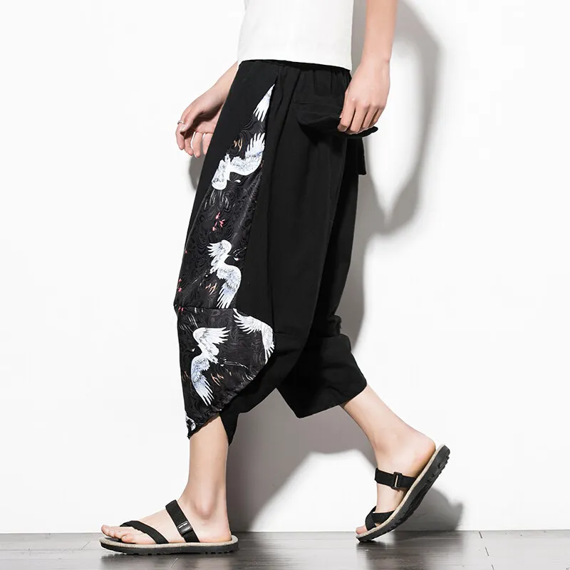 

Chinese Style 2025 New Summer Men's Pants Printed Cotton Linen Baggy Cropped Pants For Man