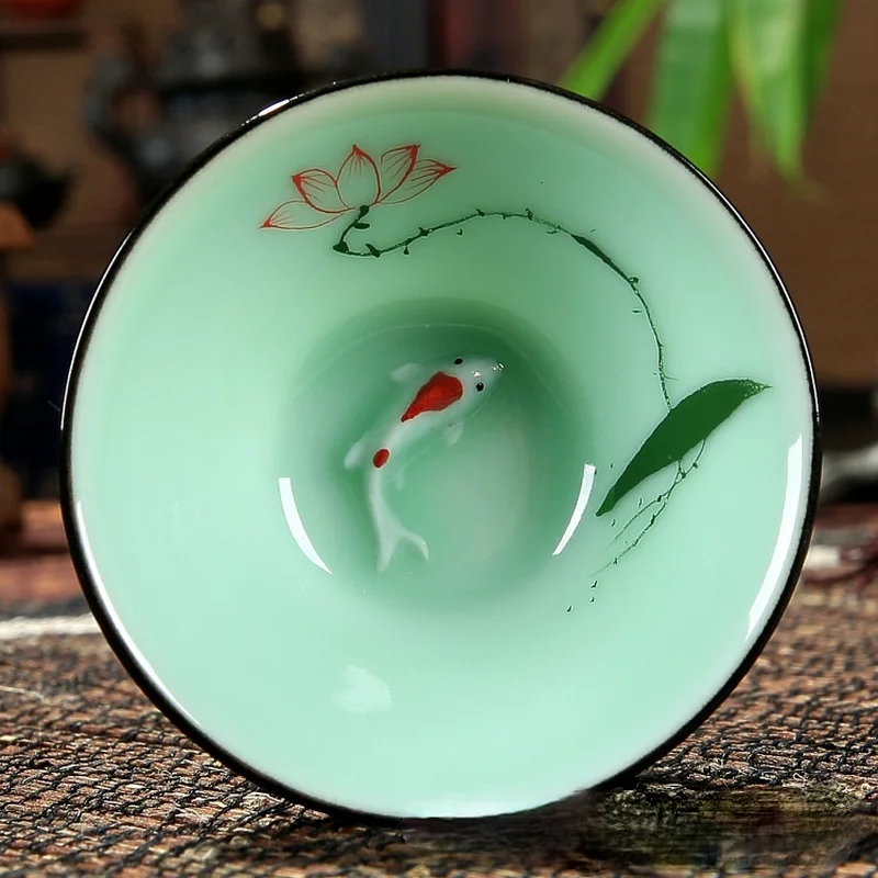 Creative Ceramic Celadon Kung Fu Teacups Embossed Singer Carp Hand Painted Pu'er Tea Cup Hat Drinking Cups 55ml