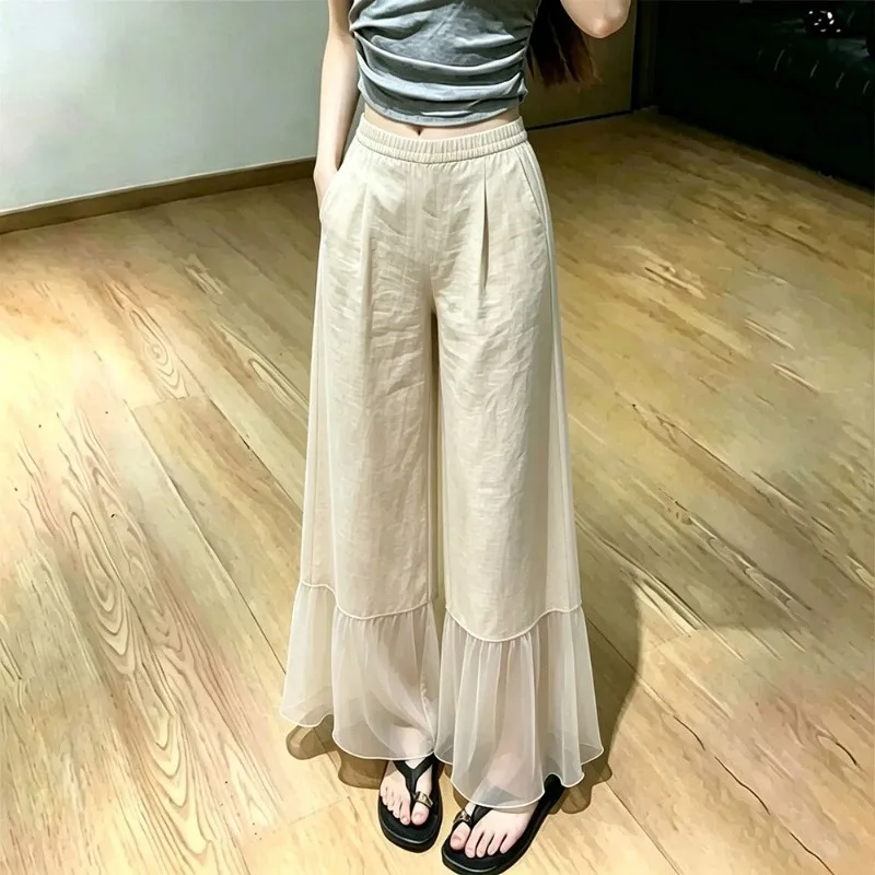 High Waist Mesh Splice Wide Leg Pants Women Draped Straight Casual Trousers