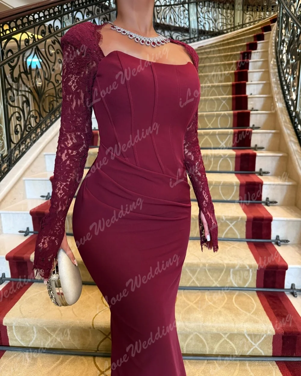 Customized Tight Fitting Straight Prom Dresses 2025 Floor-Length Square Collar Full Sleeve Lace Evening Dresses Sexy Backless