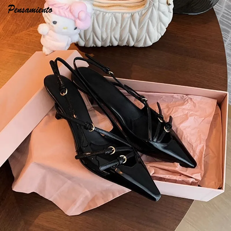 Modne lakierowane skórzane kwadratowe noski damskie czółenka seksowne wąskie paski Slingbacks 6cm wysokie obcasy elegancka wiosenna letnie damskie