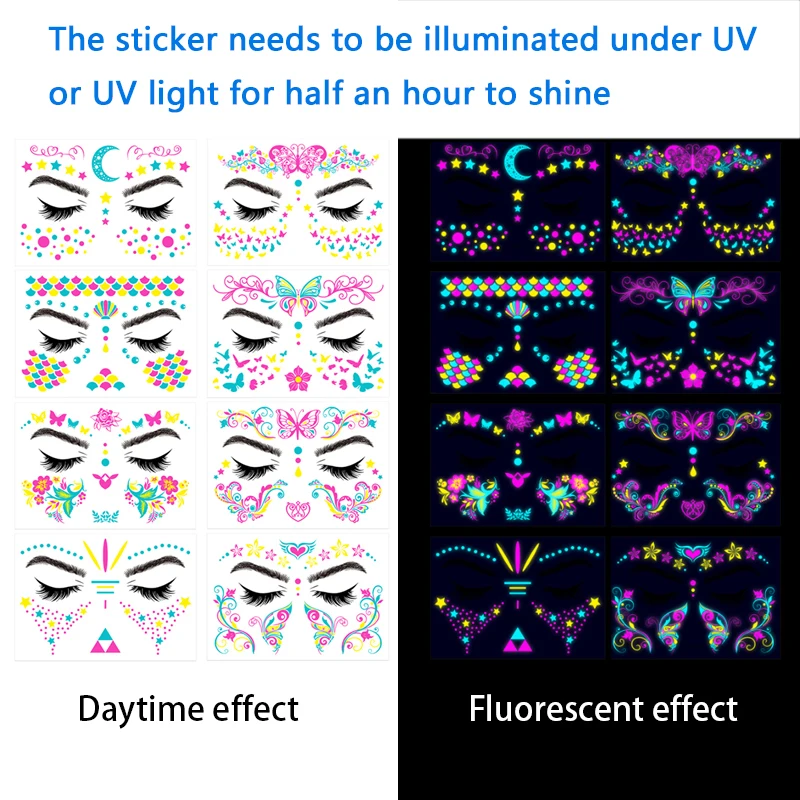 Butterfly Luminous Tattoo Stickers Glowing Flower Star Temporary Fake Tattoos On Face Arm Birthday Party Makeup Ball Decoration