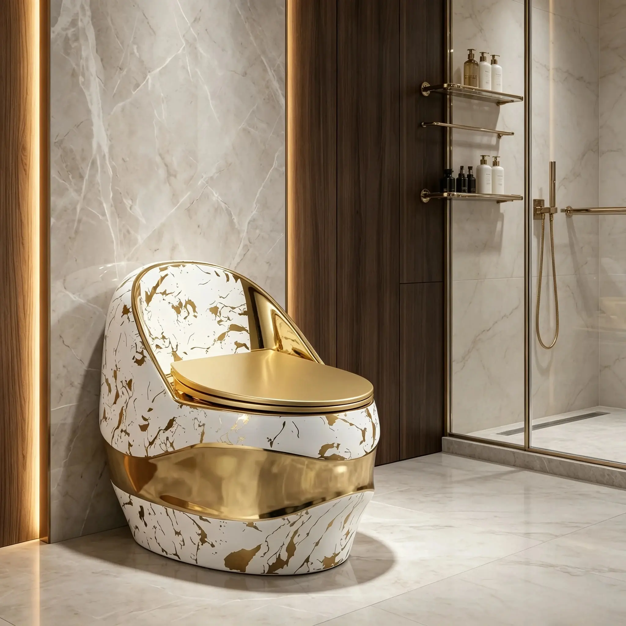 One Piece Floor Mounted Golden Cover WC With Flush Soft Modern Luxury Designer Toilet For Hotel Villa Bathroom Wholesale
