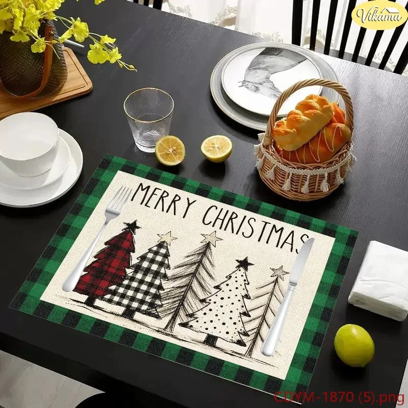 VIKAMA Christmas Placemats, Black Vintage Santa Sleigh Snowman Merry Christmas Print, Washable Winter Holiday Dining Mat