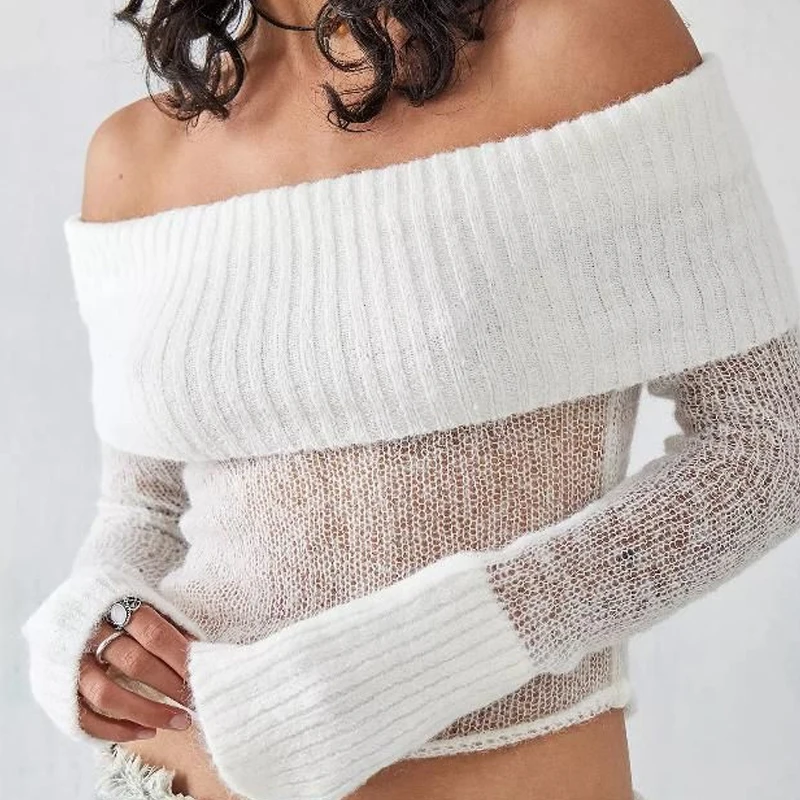

2024 Autumn Sexy Off Shoulder Short Knitted Sweater Long Sleeve Thin Pullover Women Cropped Sweater Slim Top Casual Jumper 29424