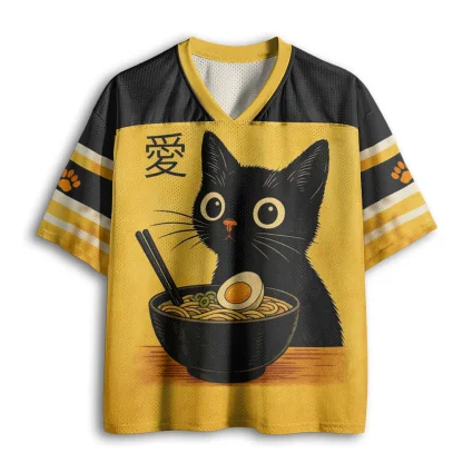 Cute Black Cat Ramen Noodle Japanese Love Print Men V Neck Mesh Jersey Short Sleeve Tee