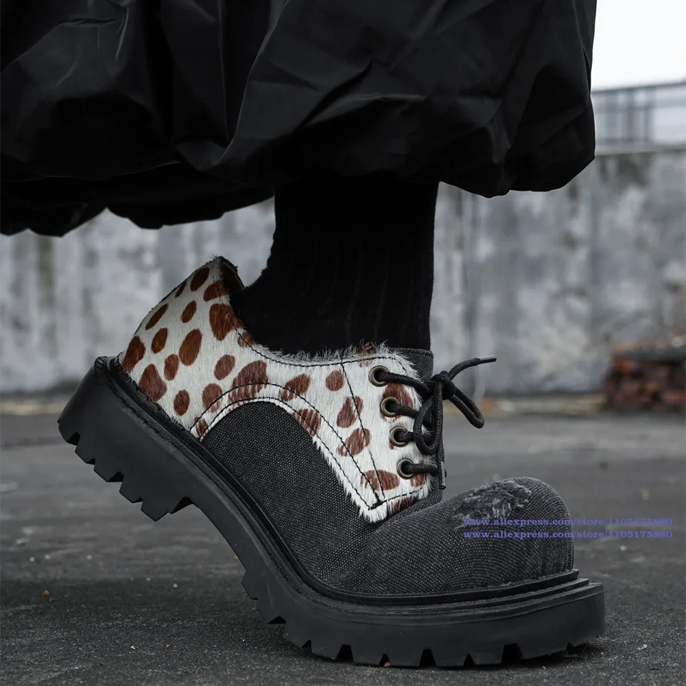 

Leopard Print Derby Shoes Thick-Soled Round Toe Men's Shoes Trendy Luxury Designer New In Height Increasing Lace Up Shoes