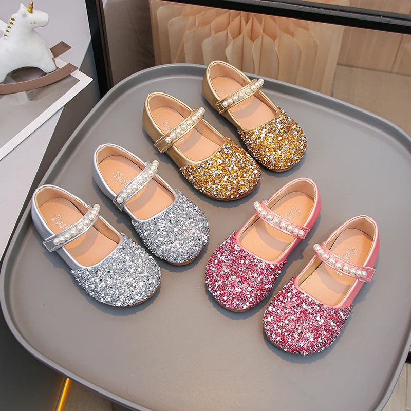 

Girls Flats Shiny Sequins Kids Performance Shoes Round Toes 2025 Autumn New Children Leather Shoes Soild Color Sweet Versatile