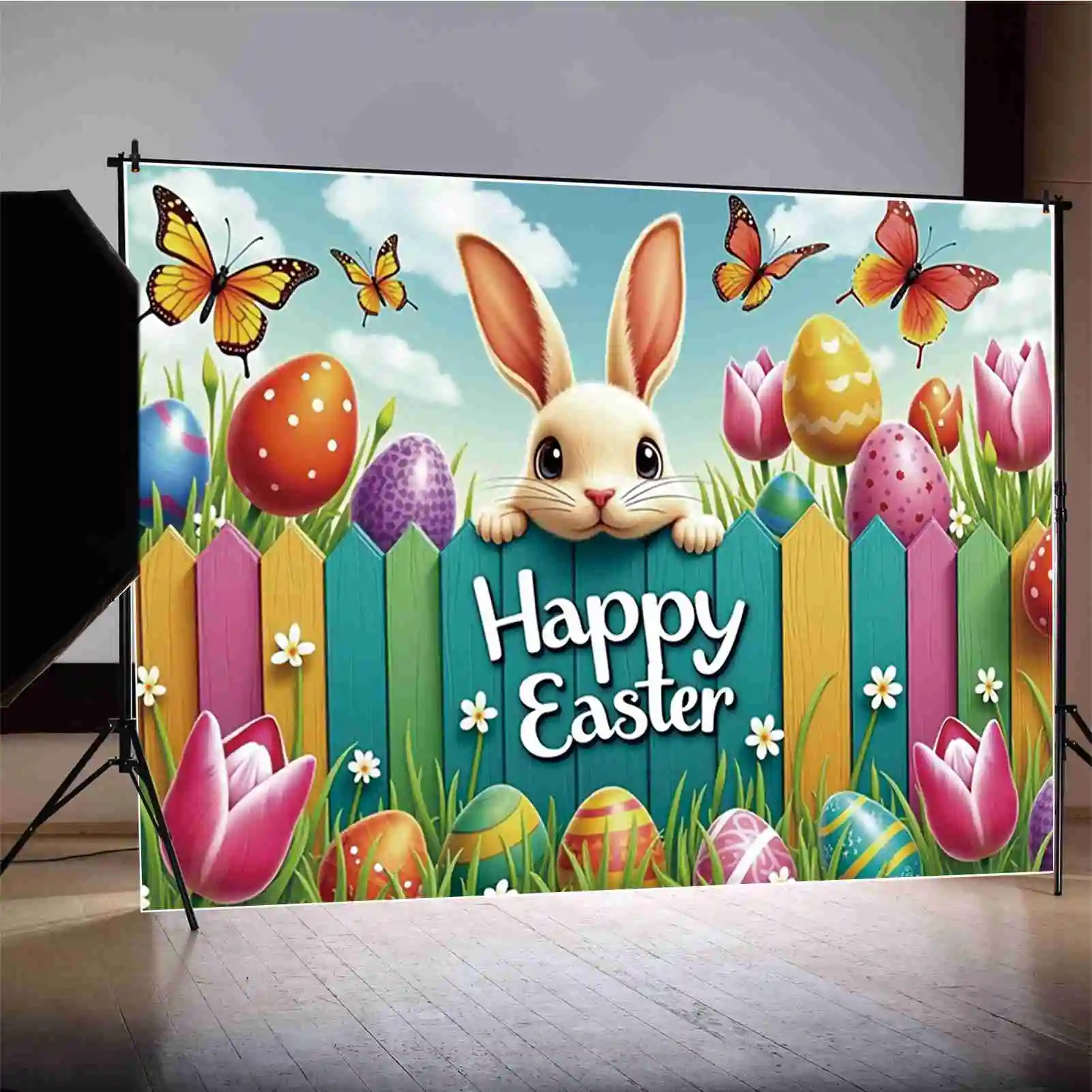 MOON.QG 2025 Happy Easter Wood Banner Poster Backdrop Garden Fence Rabbit Bunny Eggs Flowers Background Home Party Decorations