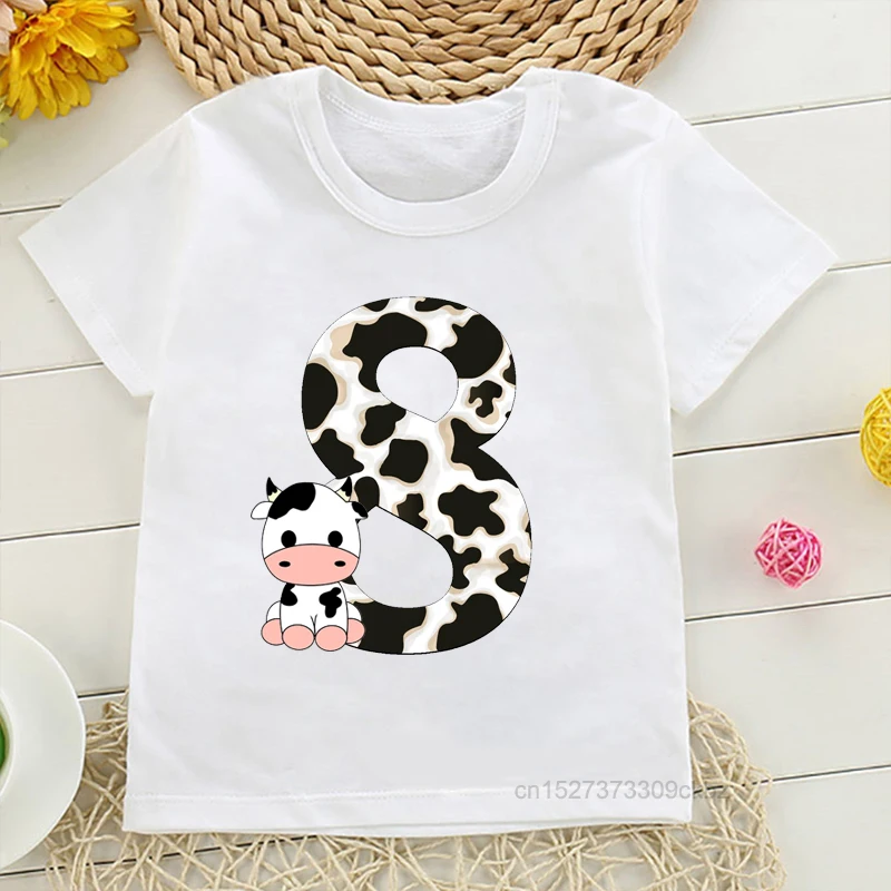 Children’S Birthday Number 1-9 Cute Cows Print T-Shirts Girl Pink Numbers White Short Sleeve Boy Funny Clothes Tee Tops