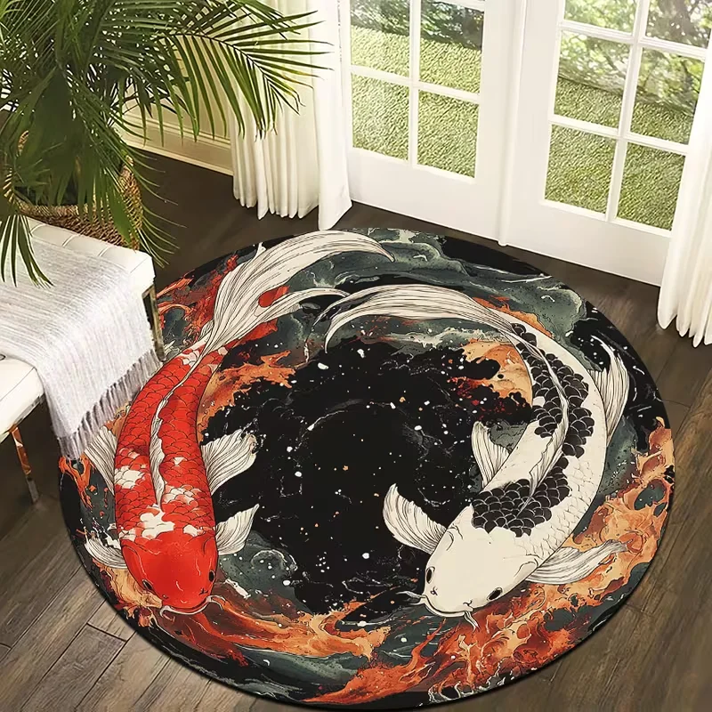 Japanese Illustration Style Koi Fish Round Area Rug Traditional Asian Koi Carp Wave Print Carpet Soft Non-Slip Circular Mat