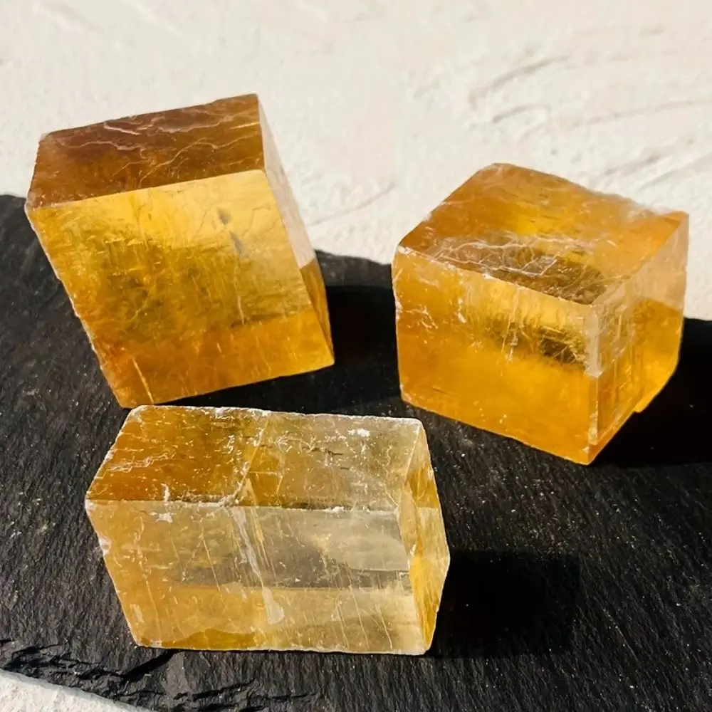 1pc of Natural Honey Optical Calcite Cube,Yellow Transparency Calcite Specimen Stone Gift for Those Who Collect Crystals