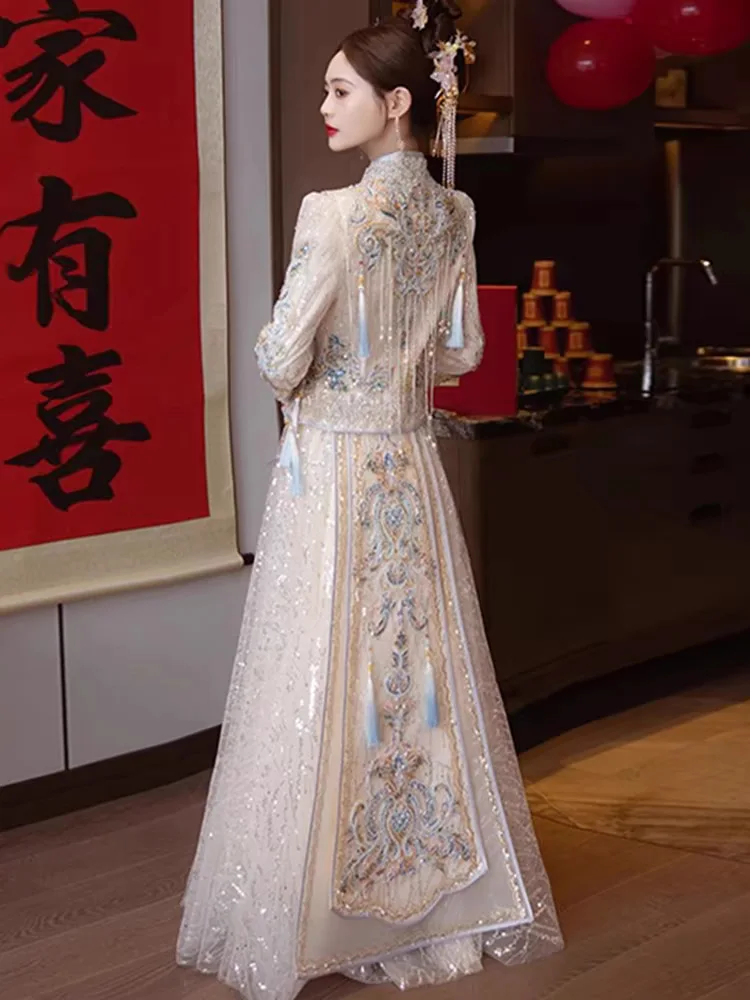 Autumn Thin Champagne-colored Pearl Sequin Xiuhe Dress Bride Chinese Toast Hanfu Wedding Dress Dragon Phoenix Groom Tang Suit