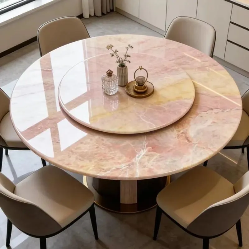 French Style Pink Agate Marble Dining Table Set with Steel Frame for Restaurant Hotel Lobby Villa Furniture