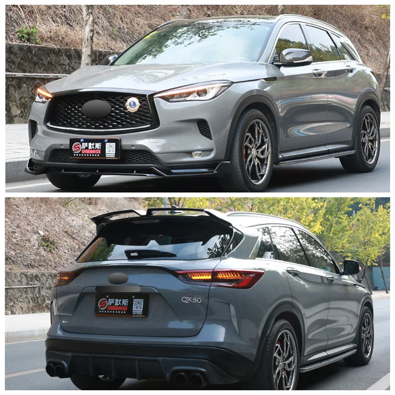 

Fits For Infiniti QX50 2018-2022 High Quality ABS Black Bumper Front Lip + Rear Spoiler + Racing Grill Protector Cover