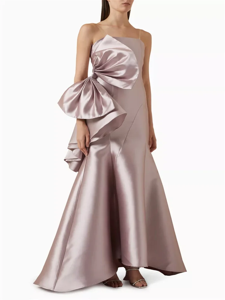 

New Arrival Square Neckline Sleeveless Oversized Bow Satin Evening Dress Back Zipper Floor Length Sweep Train Gown For Women