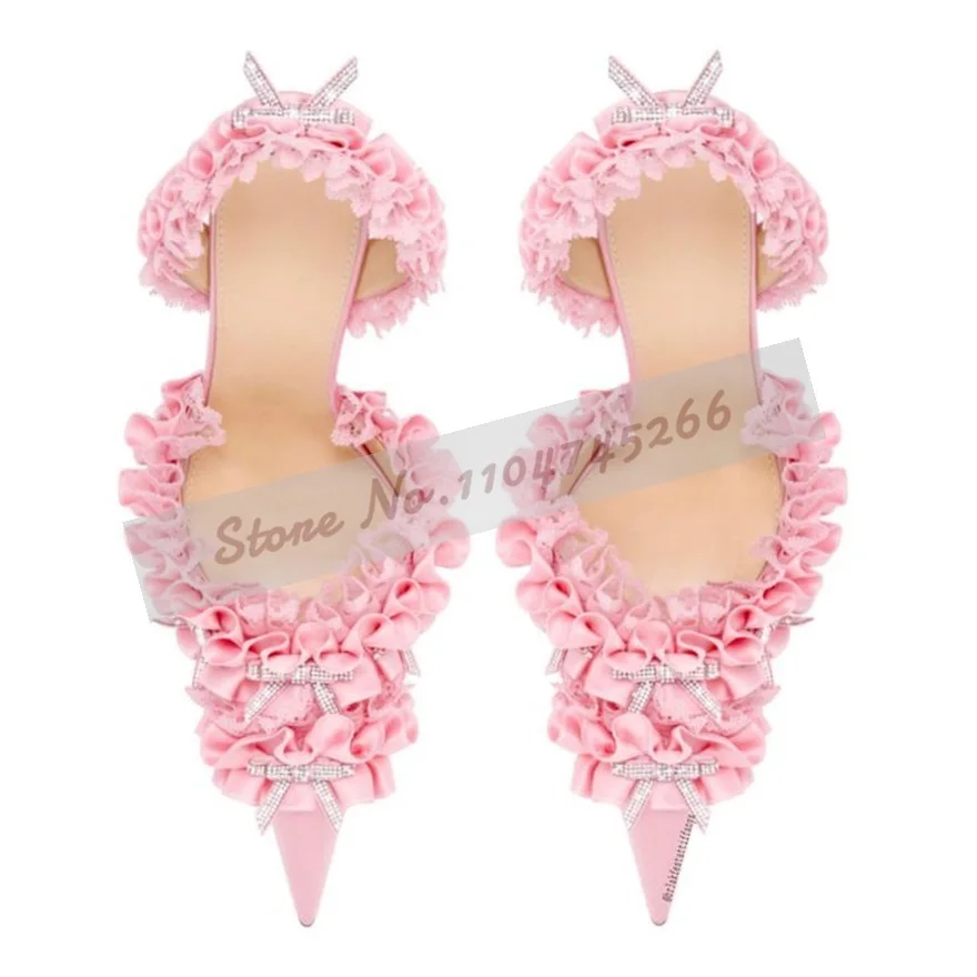 Rosa doce plissado sapatos de casamento de salto alto renda fofa floral cristal borboleta-nó vestido bombas estilingue saltos pontiagudos