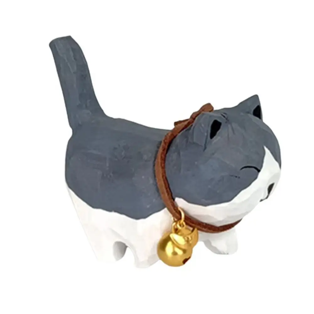 Bell Cat Wood Carving Cat Ornament Handmade Solid Wood Painted Cartoon Cat Sculpture Small Cute Hand Engraving Cat Decorations