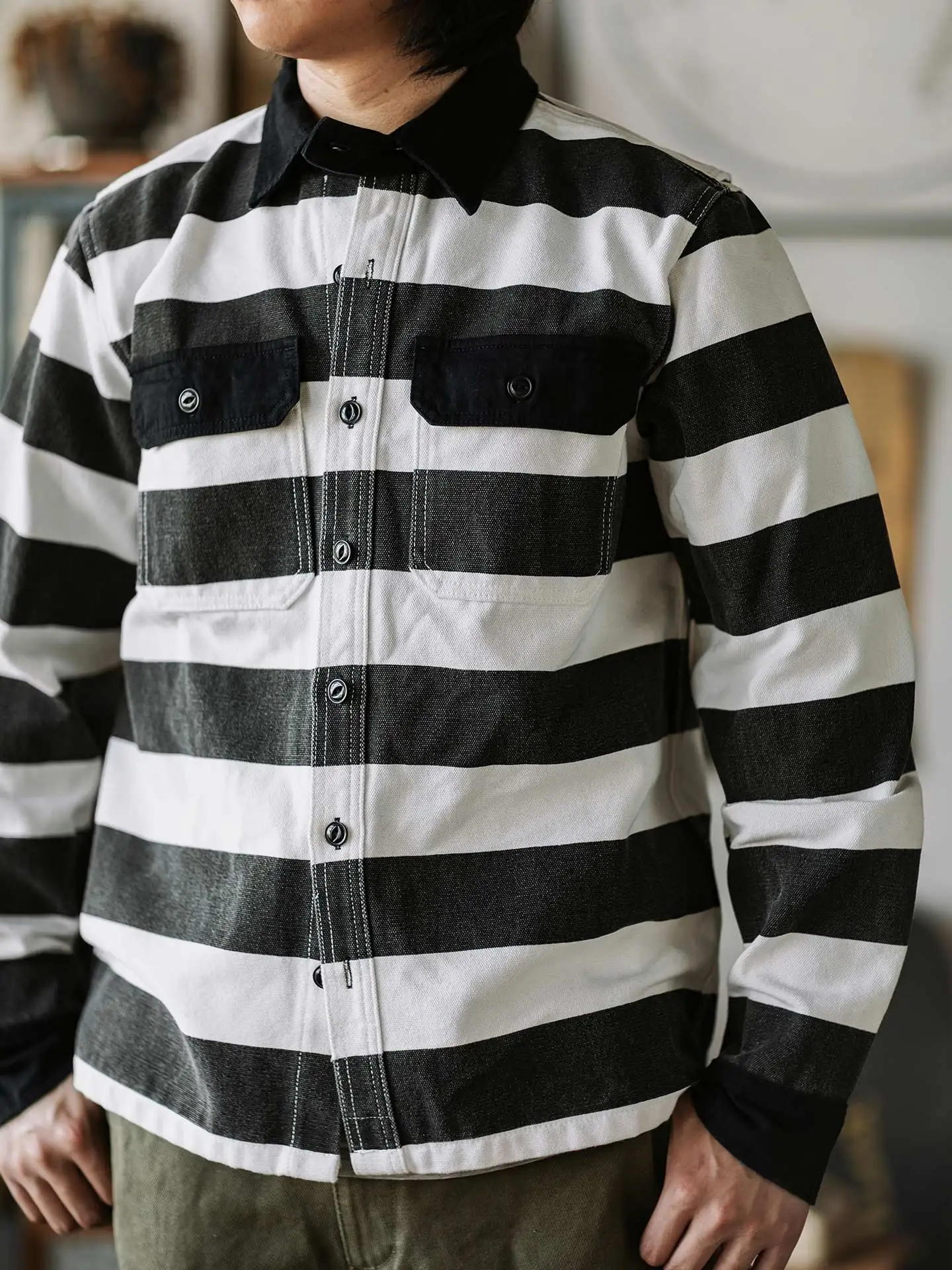 

Autumn New American Retro Heavyweight Turn-down Collar Canvas Black White Stripes Motorcycle Jacket Men's Fashion Cargo Coat