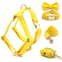 Yellow Corduroy Personalized Harness for Small Dogs Luxury Gold Buckles Adjustable Bow Dog Collar with Leash Poop Bag Set Shitzu